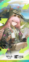 1girl absurdres arknights character_charm charm_(object) closed_mouth cup exusiai_(arknights) eyewear_on_head halo highres holding holding_cup jacket lemuen_(arknights) long_hair long_sleeves looking_at_viewer mostima_(arknights) official_art open_clothes open_jacket outdoors pink_eyes pink_hair sitting smile sunglasses