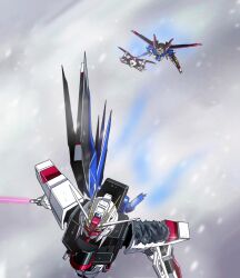 Rule 34 | artificial eye, artist request, battle damage, beam cannon, beam rifle, blue sky, damaged, energy gun, energy sword, flying, force impulse gundam, freedom gundam, gun, gundam, gundam perfect file, gundam seed, gundam seed destiny, highres, holding, holding gun, holding sword, holding weapon, humanoid robot, impulse gundam, mecha, mechanical arms, mechanical eye, mechanical wings, mobile suit, no humans, official art, rifle, robot, shield, single mechanical wing, sky, sword, sword impulse gundam, v-fin, weapon, wings