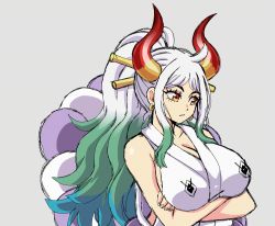 1girl animated animated_gif blouse bouncing_breasts breast_tattoo breasts brown_eyes flashing green_hair holding horns japanese_clothes large_breasts lewdamone long_hair looking_at_viewer multicolored_hair nipples one_piece open_mouth ponytail red_horns shirt simple_background sleeveless sleeveless_shirt smile solo tattoo two-tone_hair wavy_mouth white_background white_hair yamato_(one_piece)