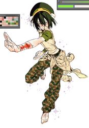 1girl alternate_costume avatar:_the_last_airbender avatar_legends bandages barefoot black_hair blind blood bloody_bandages camouflage camouflage_pants coat_around_waist color_guide green_hairband green_shirt grey_eyes gymnopedies2 hair_between_eyes hair_bun hairband highres looking_at_viewer pants shirt short_hair single_hair_bun smile solo sparkle toph_beifong vest wristband
