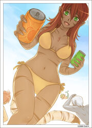 1girl 2009 3boys bikini blue_sky border breasts can cat_tail clear_sky cod.h colored_skin commentary_request dark-skinned_female dark_skin day drink_can feet_out_of_frame green_eyes grey_skin long_hair looking_at_viewer medium_breasts merman monster_boy multiple_boys navel open_mouth orange_hair original outdoors pointy_ears sky smile soda_can solo_focus swimsuit tail tusks white_border white_hair yellow_bikini