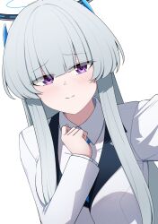 Rule 34 | 1girl, absurdres, blue archive, blue necktie, blunt bangs, blunt ends, closed mouth, collared shirt, halo, highres, jacket, looking at viewer, mechanical halo, necktie, noa (blue archive), purple eyes, shirt, sidelocks, simple background, solo, watakaze, white background, white hair, white jacket, white shirt