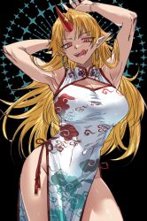 1girl armpits blonde_hair breasts china_dress chinese_clothes cloud_print dress grey_nagato highres horns hoshiguma_yuugi long_hair pointy_ears red_eyes single_horn slit_pupils smile solo thick_thighs thighs touhou white_dress