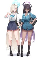 2girls absurdres aqua_nails aqua_scrunchie asuna_(blue_archive) asuna_(school_uniform)_(blue_archive) black_hair black_shoes black_skirt black_socks blonde_hair blue_archive blue_bow blue_bowtie blue_eyes blue_halo blush bow bowtie cardigan commentary_request dark-skinned_female dark_skin full_body gyaru halo highres holding_hands interlocked_fingers karin_(blue_archive) karin_(school_uniform)_(blue_archive) kneehighs kogal long_hair looking_at_viewer mikelee0614 multiple_girls pleated_skirt purple_halo scrunchie shirt shoes simple_background skirt socks white_background white_shirt wrist_scrunchie yellow_eyes