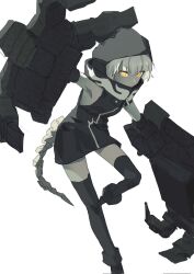 Rule 34 | 1girl, black rock shooter, demon tail, highres, hood, hoodie, kuthi0510, mechanical arms, orange eyes, short hair, simple background, strength (black rock shooter), tail, thighhighs, white background, white hair