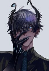 1boy aqua_eyes asymmetrical_horns black_hair black_horns black_shirt blue_necktie collared_shirt colored_extremities commentary earrings english_commentary fingernails grey_background hair_over_one_eye hand_on_own_face highres horns jewelry killtm0716 male_focus multiple_earrings necktie nijisanji nijisanji_en one_eye_covered piercing pointy_ears ren_zotto sharp_fingernails shirt simple_background solo uneven_horns upper_body virtual_youtuber wing_collar