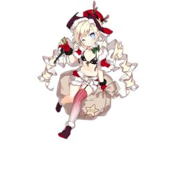1girl belt bikini bikini_top_only black_boots blonde_hair blue_eyes blush boots breasts christmas coat colt_revolver_(girls&#039;_frontline) colt_revolver_(wish_upon_a_star)_(girls&#039;_frontline) colt_single_action_army commentary_request female_focus full_body girls&#039;_frontline gloves gun handgun hat holding long_hair looking_at_viewer navel official_alternate_costume official_art red_coat red_gloves red_hat revolver sack saru short_shorts shorts single_thighhigh small_breasts smile solo striped_clothes striped_thighhighs swimsuit thighhighs transparent_background twintails weapon