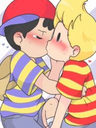 bad_tag black_hair blonde_hair child crying hat kiss lucas_(mother_3) mother_(series) mother_2 mother_3 ness_(mother_2) nintendo red_hat shirt shota sonny_(artist) striped_clothes striped_shirt super_smash_bros. surprised yaoi