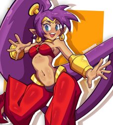 1girl :d absurdres bare_shoulders bikini bikini_top_only blue_eyes bracelet breasts cleavage dark-skinned_female dark_skin earrings emmavania genie gold_bracelet gold_earrings gold_tiara harem_pants high_ponytail highres jewelry long_hair medium_breasts navel open_hands open_mouth pants pointy_ears pointy_footwear ponytail purple_hair red_bikini red_pants shantae shantae_(series) smile solo swimsuit