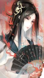 Rule 34 | 1girl, absurdres, black hair, braid, braided hair rings, calligraphy, chinese clothes, closed eyes, facial mark, fire, folding fan, forehead, hair ornament, hair rings, hand fan, highres, holding, holding fan, jewelry, ko no maoyu da, necklace, parted bangs, path to nowhere, pearl necklace, see-through clothes, see-through veil, smile, snake, solo, straight hair, upper body, veil, white snake, yugu (path to nowhere)