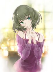 1girl bra_strap collarbone commentary_request dress green_eyes grey_hair head_tilt highres idolmaster idolmaster_cinderella_girls jewelry kawagishi_keitarou medium_hair mole mole_under_eye necklace off-shoulder_dress off_shoulder own_hands_together purple_eyes smile solo takagaki_kaede upper_body