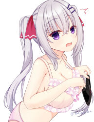1girl ^^^ bare_shoulders black_panties blush bow bow_panties bra breasts cleavage collarbone commentary_request crossed_bangs eyes_visible_through_hair frilled_bra frills from_side grey_hair hair_between_eyes hair_ornament hair_ribbon hairclip hamidashi_creative hands_up hijiri_ririko holding holding_panties holding_underwear holding_unworn_clothes large_breasts long_hair looking_at_viewer nanatsu_(na_na_tsu) open_mouth panties parallel_hairclips pink_bra pink_panties purple_eyes red_bow red_ribbon ribbon sidelocks simple_background solo surprised sweatdrop twintails twitter_username underwear underwear_only upper_body very_long_hair white_background