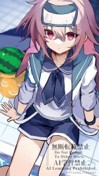 Rule 34 | 1boy, animal ears, ansel (arknights), ansel (casual vacation) (arknights), arknights, blue sailor collar, blue shorts, food, fruit, gomago magoma, highres, jacket, long sleeves, looking at viewer, lop rabbit ears, male focus, official alternate costume, parted lips, pink eyes, pink hair, rabbit boy, rabbit ears, sailor collar, shirt, short hair, shorts, sitting, solo, trap, watermark, watermelon, white jacket, white shirt