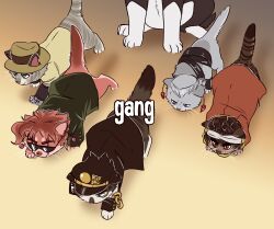 5boys animal_focus animalization aqua_eyes black_cat black_hair blue_eyes boston_terrier brown_cat brown_eyes cat chain cherry_earrings dog earrings english_text fizzydog food-themed_earrings food_themed_earrings gakuran gang gang_(meme) grandfather_and_grandson green_eyes grey_cat grey_hair headband highres iggy_(jojo) indoors jean_pierre_polnareff jewelry jojo_no_kimyou_na_bouken joseph_joestar joseph_joestar_(old) kakyoin_noriaki kuujou_joutarou long_coat meme mohammed_avdol multiple_boys no_humans orange_cat red_hair school_uniform simple_background stardust_crusaders sunglasses tabby_cat tall_hair