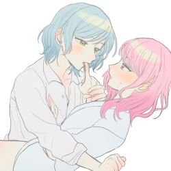 2girls bang_dream! blue_hair blush chieh collared_shirt finger_in_another&#039;s_mouth green_eyes hikawa_hina long_sleeves maruyama_aya medium_hair multiple_girls pink_eyes pink_hair shirt simple_background sweatdrop white_background white_shirt yuri