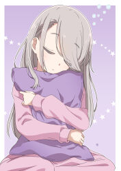Rule 34 | 1girl, artist logo, border, closed eyes, grey hair, hair over one eye, highres, hugging object, illustratorhide, logo, long hair, mono (afro), outline, outside border, panties, pillow, pillow hug, pink panties, purple background, purple pillow, shikishima sakurako, sleeping, solo, squeans, star (symbol), underwear, white border, white outline