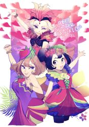 Rule 34 | 2019, 3girls, animification, black hair, blue eyes, brown hair, clarice (disney), daisy duck, disneyland, dress, english text, eyelashes, flower, hair flower, hair ornament, highres, humanization, looking at viewer, mickey mouse &amp; friends, minnie mouse, multiple girls, open mouth, personification, rl10 02, short hair, smile, white hair