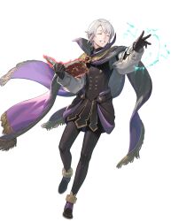 1boy attack black_gloves book cloak closed_eyes fire_emblem fire_emblem_awakening fire_emblem_heroes gloves grin henry_(fire_emblem) henry_(resplendent)_(fire_emblem) highres holding holding_book magic nintendo non-web_source official_alternate_costume official_art open_book purple_cloak smile solo white_hair