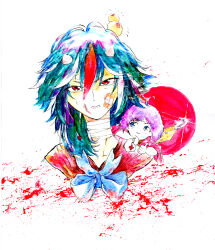 2girls bandaged_neck bandages bandaid black_hair blood blue_eyes blue_ribbon collar demon_horns first_aid_kit highres horns injury kijin_seija mini_person_on_shoulder multicolored_hair multiple_girls pointy_hair purple_hair r_birdy red_collar red_eyes ribbon size_difference sukuna_shinmyoumaru sweat touhou upper_body