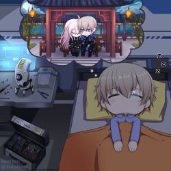 1boy 1girl absurdres ahoge artist_name blue_pajamas chibi closed_eyes commandant_(pgr) cushion dreaming grey_hair hair_between_eyes highres lee_(pgr) light_brown_hair long_hair naomi_nami no_mouth non-humanoid_robot nose_bubble on_bed pajamas punishing:_gray_raven robot screwdriver short_hair sleeping tools twitter_username under_covers wrench zzz