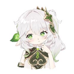 1girl arm_at_side armlet blush chest_jewel closed_mouth cropped_torso cross-shaped_pupils detached_sleeves dress eyelashes gem genshin_impact gold_trim green_eyes green_gemstone green_hair green_pupils green_sleeves hair_between_eyes hair_intakes hair_ornament half_crown_braid hand_up heart heart_hair_ornament highres jewelry leaf leaf_hair_ornament long_hair looking_at_viewer mochi_32x multicolored_hair nahida_(genshin_impact) playing_with_own_hair pointy_ears side_ponytail sidelocks solo streaked_hair symbol-shaped_pupils white_background white_dress