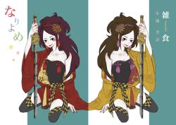 Rule 34 | armor, black thighhighs, blush, breasts, brown eyes, brown hair, cleavage, corset, earrings, fingernails, garter straps, japanese clothes, jewelry, kaihime, kimono, legs, lips, lipstick, long hair, makeup, parted bangs, planted sword, planted weapon, ponytail, red nails, sandals, sengoku musou, sword, thighhighs, thighs, weapon