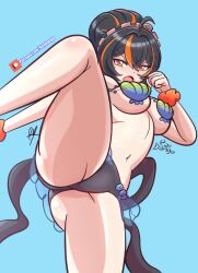 Rule 34 | 1girl, absurdres, artist name, ass, bikini, black hair, blue background, hairband, highres, metal hairband, multicolored hair, open mouth, patreon logo, patreon username, ponytail, raydango, red streaks, seashell, shell, shell bikini, signature, simple background, streaked hair, swimsuit, zenless zone zero, zhu yuan