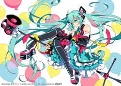 1girl ahoge aqua_hair aqua_nails arm_tattoo artist_name balloon black_sleeves black_thighhighs bow bright_pupils commentary_request detached_sleeves dress fingernails frilled_dress frills full_body green_eyes hatsune_miku holding holding_microphone_stand kinako_(marubotan) long_hair long_sleeves magical_mirai_(vocaloid) magical_mirai_miku magical_mirai_miku_(2018) microphone_stand number_tattoo official_art pink_bow pink_shoes second-party_source shoes simple_background sleeveless sleeveless_dress solo tattoo thighhighs twintails very_long_hair vocaloid white_background white_pupils