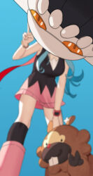 Rule 34 | 1girl, :3, absurdres, alternate costume, bangle, bare shoulders, bidoof, black socks, black vest, blue hair, blue sky, blurry, blurry background, boots, bracelet, breasts, brown fur, buck teeth, closed mouth, commentary, cosplay, dawn (pokemon), dawn (pokemon) (cosplay), day, depth of field, elira pendora, english commentary, floating scarf, from below, gen 4 pokemon, gold bracelet, hand on own knee, hand up, heatran, highres, jewelry, karassawa, knee boots, kneehighs, knees, large breasts, layered clothes, leaning forward, legendary pokemon, legs apart, long hair, long legs, looking at viewer, looking down, miniskirt, mole, mole on shoulder, multicolored fur, nijisanji, nijisanji en, nintendo, orange eyes, outdoors, photobomb, pink boots, pokemon, pokemon (creature), pokemon dppt, red nose, red scarf, scarf, shadow, shirt, skirt, sky, sleeveless, sleeveless shirt, smile, socks, sunlight, teeth, thighs, v, v-neck, very long hair, vest, virtual youtuber, white shirt