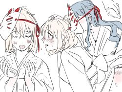 2girls bang_dream! bang_dream!_it&#039;s_mygo!!!!! blonde_hair blue_hair earrings fox_mask greyscale hand_on_another&#039;s_head highres implied_fingering japanese_clothes jewelry kimono long_hair mask medium_hair milfcookiesimp misumi_uika monochrome multiple_girls open_mouth purple_eyes pussy_juice pussy_juice_on_fingers spot_color togawa_sakiko tongue tongue_out yuri