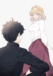1boy 1girl arcueid_brunestud black_hair blonde_hair breasts closed_eyes commentary_request gakuran glasses hair_intakes highres long_skirt medium_breasts open_mouth red_skirt school_uniform sitting skirt smile suzuakks sweater tohno_shiki tsukihime turtleneck turtleneck_sweater white_sweater