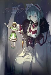 Rule 34 | 1girl, arm up, bad id, bad twitter id, baiyinan, brown hair, closed mouth, commentary, control bar, dress, english commentary, fatui coat, fur trim, genshin impact, gloves, green dress, grey hair, headdress, katheryne (genshin impact), long hair, maid headdress, marionette, puppet, puppet strings, sandrone (genshin impact), short hair, sitting, solo, white gloves
