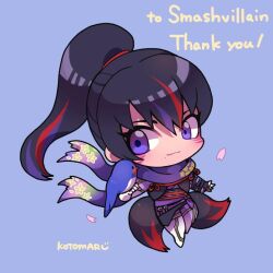 1girl bird bird_on_hand blue_background chibi closed_mouth commissioner_name eyelashes facial_mark fox_tail japanese_clothes kotorai kunimitsu_ii multicolored_hair no_nose petals ponytail purple_eyes purple_scarf scarf signature solo streaked_hair swallow_(bird) tail tekken thank_you whisker_markings