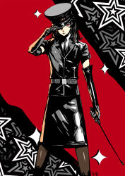 10s 1boy alternate_costume amamiya_ren bad_id bad_pixiv_id belt black_gloves black_hair black_jacket black_necktie black_skirt brown_pantyhose closed_mouth club3 collared_shirt commentary_request crossdressing elbow_gloves gloves hand_on_headwear hand_up hat highres jacket leather legs_apart looking_at_viewer male_focus necktie pantyhose peaked_cap persona persona_5 persona_5:_dancing_star_night persona_dancing red_background red_eyes riding_crop shirt signature skirt solo standing trap white_shirt wing_collar