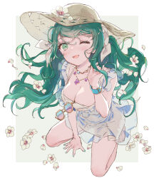 1girl ;d blush border breasts cleavage d4dj dress flower full_body green_eyes green_hair hair_ribbon hand_up hat highres jewelry large_breasts long_hair looking_at_viewer one_eye_closed open_mouth ribbon seiza shimizu_esora sidelocks sitting sleeveless sleeveless_dress smile solo twintails white_border white_dress white_flower white_hat white_ribbon yutsumoe