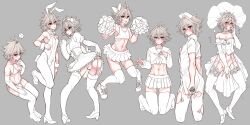 1boy alternate_costume androgynous antenna_hair bulge crossdressing crossdressing_(mtf) dress_shirt fate/apocrypha fate_(series) grey_background grey_hair hair_between_eyes haoro male_focus navel partially_colored red_eyes shirt short_hair sieg_(fate) simple_background white_shirt