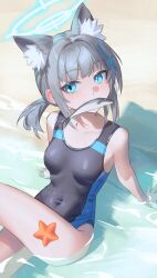Rule 34 | 1girl, absurdres, animal ear fluff, animal ears, bare arms, bare shoulders, beach, black one-piece swimsuit, blue archive, blue eyes, blush, extra ears, fish in mouth, grey hair, highres, low ponytail, official alternate costume, official alternate hairstyle, one-piece swimsuit, ponytail, shiroko (blue archive), shiroko (swimsuit) (blue archive), shortofsugar, sitting, solo, starfish, swimsuit, water, wolf ears, wolf girl