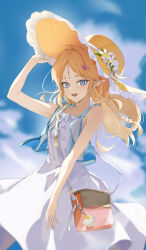 1girl absurdres bare_shoulders blonde_hair blue_eyes blue_jacket blue_sky blurry blurry_background cartethyia_(wuthering_waves) collarbone commentary cowboy_shot day dress hair_ornament hairclip hand_on_own_hat hat highres jacket long_hair looking_at_viewer open_mouth outdoors parted_bangs pointy_ears sercet sidelocks sky smile solo tacet_mark_(wuthering_waves) white_dress wuthering_waves yellow_hat