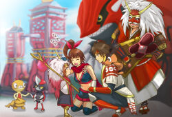 Rule 34 | armor, armored boots, bindle, black thighhighs, blush, boots, brown hair, crop top, fan, gen 3 pokemon, gen 5 pokemon, groudon, hair ribbon, head pat, headband, headdress, ishida mitsunari, ishida mitsunari (sengoku musou), japanese clothes, japanese text, kunoichi (sengoku musou), legendary pokemon, ninja, nintendo, pawniard, platform clogs, pokemon, pokemon conquest, ponytail, ribbon, sanada yukimura, sanada yukimura (sengoku musou), scarf, scraggy, sengoku musou, short shorts, shorts, side ponytail, smile, takeda shingen, tepig, thighhighs, tower, yukimura sanada