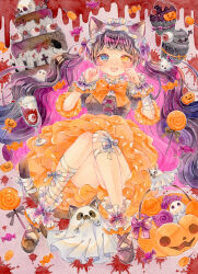 1girl absurdres amu_(m_aa) animal animal_ear_fluff animal_ears ankle_garter ankle_ribbon bandaged_arm bandaged_leg bandages black_hair blood blood_splatter blue_eyes blush bow breasts cake candle candy cat cat_ears cat_girl cross cup disembodied_eye drinking_glass fish_skeleton floating food frilled_skirt frilled_wristband frills full_body ghost_costume halloween halloween_bucket heterochromia highres large_breasts leg_ribbon lollipop long_hair looking_at_viewer open_mouth orange_bow orange_skirt original painting_(medium) paw_pose purple_bow ribbon shoes skirt skull smile solo swirl_lollipop thighs traditional_media very_long_hair watercolor_(medium) wavy_hair wine_glass wristband yellow_eyes