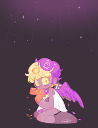 2018 2boys absurdres angel angel_and_devil angel_boy angel_cookie angel_wings artist_name blonde_hair blush bone bone_print cannibalism colored_skin cookie_run devil_cookie dress dripping drooling feathers full_body highres jewelry looking_at_viewer male_focus multicolored_hair multiple_boys necklace personification purple_hair purple_skin red_skin star_(symbol) star_necklace stitched_leg stitches trap two-tone_hair wenyu white_dress wide-eyed wings yellow_eyes zombie zombie_boy