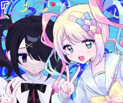2girls :d abstract_background ame-chan_(needy_girl_overdose) bent_v black_bow black_bowtie black_eyes black_hair blonde_hair blue_background blue_bow blue_eyes blue_hair blue_nails blue_sailor_collar blue_shirt blush bow bowtie chouzetsusaikawa_tenshi-chan commentary dual_persona empty_eyes gradient_hair hair_bow hair_ornament hair_over_one_eye heart highres jaggy_lines long_hair long_sleeves looking_at_viewer medium_hair multicolored_hair multicolored_nails multiple_girls nail_polish needy_girl_overdose open_mouth parted_lips pink_bow pink_hair pink_nails puffy_long_sleeves puffy_sleeves purple_bow purple_hair quad_tails sailor_collar shirt shizumu_(shi_zumu) simple_background single_hair_intake smile star_(symbol) sweat tongue twintails upper_body v viewfinder watermark x_hair_ornament yellow_bow yellow_bowtie
