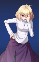 Rule 34 | 1girl, ahoge, arcueid brunestud, black pantyhose, blonde hair, darkhawkayin, evil grin, evil smile, grin, hair between eyes, hand on own face, hand on own hip, highres, jewelry, looking at viewer, necklace, pantyhose, purple skirt, red arcueid, red eyes, short hair, side slit, skirt, smile, sweater, tsukihime, tsukihime (remake), turtleneck, turtleneck sweater, vampire