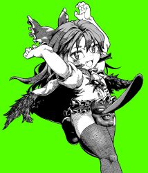 1girl :d arms_up bird_wings blush bow cape collared_shirt commentary_request cookie_(touhou) fang flat_chest foot_out_of_frame frilled_bow frilled_skirt frills green_background greyscale_with_colored_background hair_bow highres long_hair looking_at_viewer manatsu_no_yo_no_inmu mask miniskirt nadeko_(cookie) open_mouth puffy_short_sleeves puffy_sleeves reiuji_utsuho running shirt shoes short_sleeves simple_background skirt smile solo takuya_(acceed) tengu_mask thighhighs third_eye tonchamon_san touhou wings