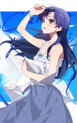 Rule 34 | 1girl, arm up, bare shoulders, bed sheet, blue hair, blush, breasts, brown eyes, cowboy shot, dress, highres, holding, holding sheet, idolmaster, idolmaster million live!, idolmaster million live! theater days, kisaragi chihaya, long hair, looking at viewer, nozawa noko, open mouth, outdoors, pure onepiece (idolmaster), sheet music, sky, sleeveless, sleeveless dress, small breasts, smile, solo, white dress