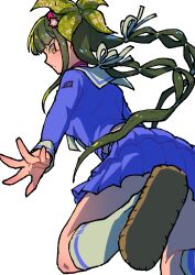 Rule 34 | 1girl, absurdres, bow, brown hair, chabashira tenko, danganronpa (series), danganronpa v3: killing harmony, drill hair, from behind, from below, green bow, hair bow, highres, kneehighs, layered skirt, long sleeves, looking back, miniskirt, mole, mole under mouth, pleated skirt, purple shirt, purple skirt, shirt, shoes, simple background, skirt, socks, solo, twin drills, twintails, white background, youko-shima