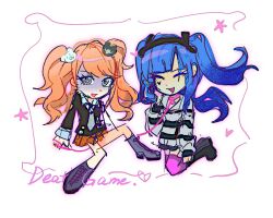 2girls amemiya_darumi bear_hair_ornament blonde_hair blue_hair border calf_boots collar creator_connection danganronpa:_trigger_happy_havoc danganronpa_(series) english_text enoshima_junko female_focus full_body hair_ornament heart highres leash long_hair looking_at_viewer makeup multiple_girls open_mouth pink_border pink_thighhighs pleated_skirt red_skirt shirt simple_background skirt smile star_(symbol) striped_clothes striped_shirt the_hundred_line_-last_defense_academy- thighhighs white_background