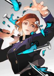 1girl brown_eyes brown_hair eyelashes foreshortening gakuran grey_background hammer highres holding holding_hammer horocca jujutsu_kaisen kugisaki_nobara long_sleeves looking_at_viewer nail_(hardware) parted_lips school_uniform short_hair simple_background solo upper_body