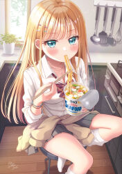 Rule 34 | 1girl, aqua eyes, bare legs, blonde hair, blush, bow, bowtie, bracelet, chopsticks, clothes around waist, commentary, cup ramen, ear piercing, eating, food, food in mouth, gyaru, hair ornament, hairclip, highres, indoors, jacket, jacket around waist, jewelry, kitchen, ladle, long hair, looking at viewer, loose bowtie, loose socks, miniskirt, mozukun43, necklace, no shoes, original, piercing, plant, potted plant, red bow, red bowtie, shirt, signature, sitting, skirt, socks, solo, sparkling eyes, spatula, stove, striped bow, striped bowtie, striped clothes, whisk, white shirt, white socks, window, wing collar