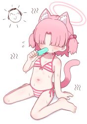 1girl animal_ears bikini blue_archive cat_ears cat_tail chlorella_observation_club_member_(blue_archive) chlorella_observation_club_member_(swimsuit)_(blue_archive) doodle_sensei_(blue_archive) food hair_bobbles hair_ornament halo highres loli naga_u navel pink_hair pink_halo popsicle sensei_(blue_archive) sitting striped_bikini striped_clothes swimsuit tail